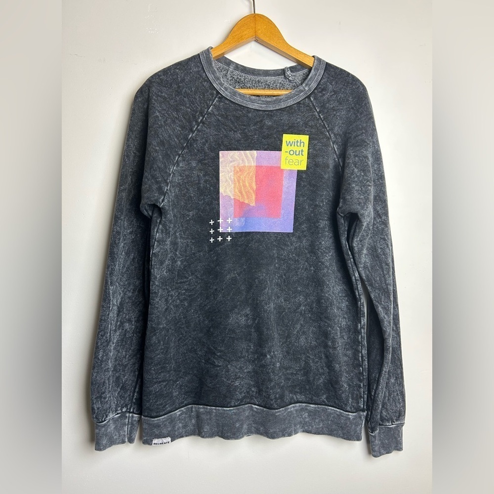 Recreate Sweater Mens L Pullover Fleece Charcoal Black Distressed Street hip-hop